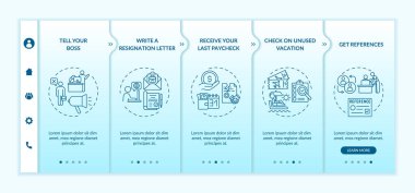 Konseptli mobil uygulama sayfası ekranındaki istifa kontrol listesi. Kariyer değişikliği 5 adım grafik talimatı. UI, UX, doğrusal gün kipi çizimleri ile GUI vektör şablonu