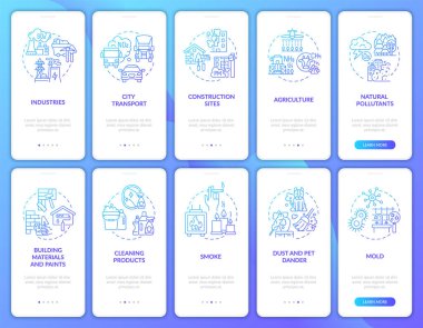 Hava kirleticileri mobil uygulama sayfa ekranında konseptlerle birlikte. Sağlık, ekoloji çarpması 5 adımlık grafik talimatları gözden geçiriyor. UI, UX, doğrusal renk çizimleri olan GUI vektör şablonu