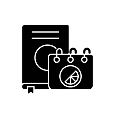 Markalı günlük ve defter simgesi. Tüm notları saklamak için şık bir yer. Tasarımcı günlük kullanım için modaya uygun ürünler üretir. Beyaz uzayda siluet sembolü. Vektör izole illüstrasyonu