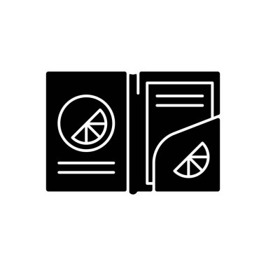 Damgalanmış kağıt klasör siyah kabartma simgesi. Kâğıtlarla parayı bir arada tutan şık bir klasör. Eşsiz tasarlanmış aksesuarlar. Beyaz uzayda siluet sembolü. Vektör izole illüstrasyonu