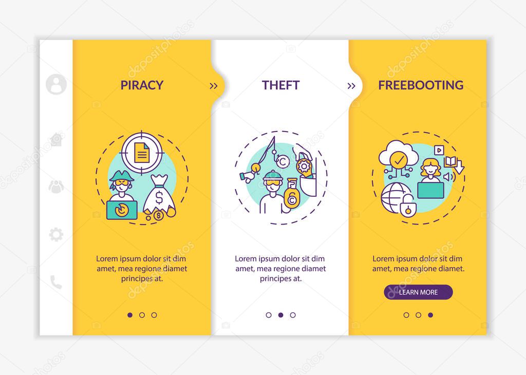 Copyright contravention types onboarding vector template. Responsive mobile website with icons. Web page walkthrough 3 step screens. Piracy, freebooting, theft color concept with linear illustrations