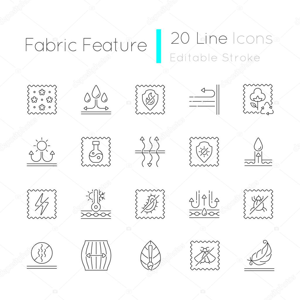 Different types of fabric feature linear icons set. Fiber characteristics. Quality features of clothing. Customizable thin line contour symbols. Isolated vector outline illustrations. Editable stroke