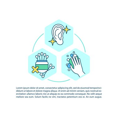 Kulak temizleme ve sulama konsepti simgeleri. Kopya uzayı ile PPT sayfa vektör şablonu. Broşür, dergi, gazete tasarımı. Kulak kiri tıkanıklığı temizleme beyaz üzerinde doğrusal çizimler