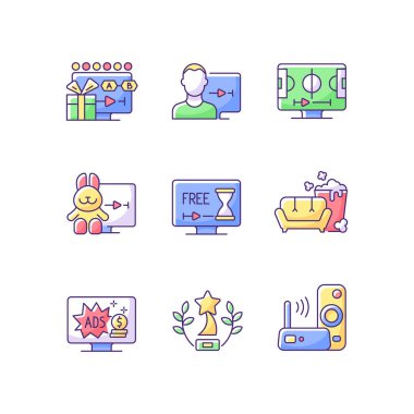 Yayın hizmetleri RGB renk simgeleri ayarlandı. İzleme bölümleri. Kullanıcı hesabı. Spor yayını. Çizgi filmler. Reklam destekli abonelik planı. Ödüllü içerik. İzole vektör çizimleri