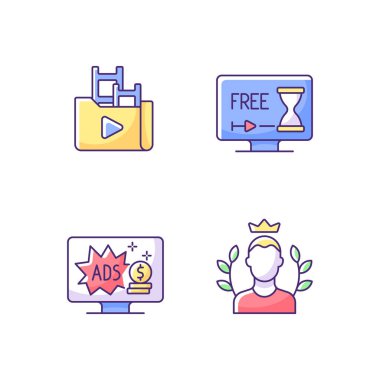 Yayın hizmetleri RGB renk simgeleri ayarlandı. Medya içeriği. Ücretsiz deneme seçeneği. Reklam destekli abonelik planı. Birinci sınıf aboneyim. Filmler ve televizyon dizileri koleksiyonu. İzole vektör çizimleri