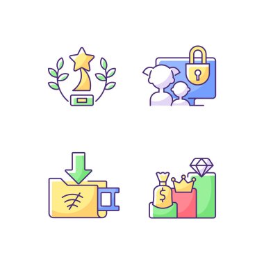 Yayın hizmetleri RGB renk simgeleri ayarlandı. Ödüllü içerik. Ebeveyn kontrolü. Çevrimdışı indirme. Yıllık, aylık abonelikler. Aday gösterilen filmler. Çocuk profili. İzole vektör çizimleri