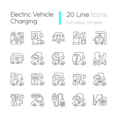 Elektrikli araç doğrusal simgeleri yüklüyor. Elctromobile için taşınabilir şarj istasyonu. Eko arabalar. Özelleştirilebilir ince çizgi şekilleri. İzole vektör çizimi çizimleri. Düzenlenebilir vuruş