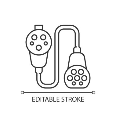 Adaptör yükleniyor ve doğrusal simge dönüştürülüyor. Elektrikli aracı şarj etmenin bir yolu. İnce çizgi özelleştirilebilir illüstrasyon. Contour sembolü. Vektör izole çizim. Düzenlenebilir vuruş