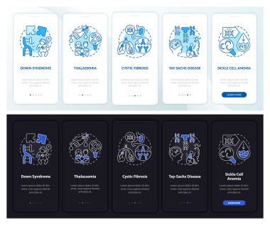 Genetik hastalıkların çoğu mobil uygulama sayfa ekranında kavramlarla birlikte. Sağlık taraması 5 aşamalı grafik talimatlar. UI, UX, GUI vektör şablonu doğrusal gece ve gündüz kip çizimleri