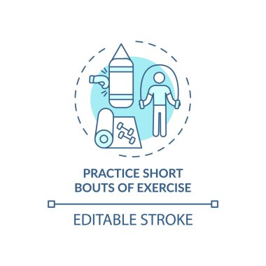 Egzersiz mavisi konsept ikonu kısa elemeleri yap. Fiziksel sağlık iyileştirme stratejisi. Kendini kontrol etme fikri ince çizgi çizimi. Vektör izole edilmiş RGB renk çizimi. Düzenlenebilir vuruş