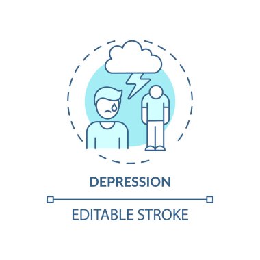 Depresyon mavi konsept simgesi. Anksiyete bozukluğu. Stres yönetimi sorunları. Yanma belirtileri. Zihinsel sağlık sorunu fikri ince çizgi çizimi. Vektör izole edilmiş RGB renk çizimi. Düzenlenebilir vuruş