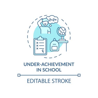 Okulun mavi konsept ikonu başarısı altında. Sınıfta kalan öğrenci notları. Kendini kontrol sorunu fikri ince çizgi çizimi. Vektör izole edilmiş RGB renk çizimi. Düzenlenebilir vuruş
