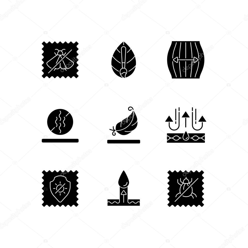 Different types of fabric black glyph icons set on white space. Natural dye, odor resistant. Insect repellent. UV protection. Moisture wicking. Silhouette symbols. Vector isolated illustration