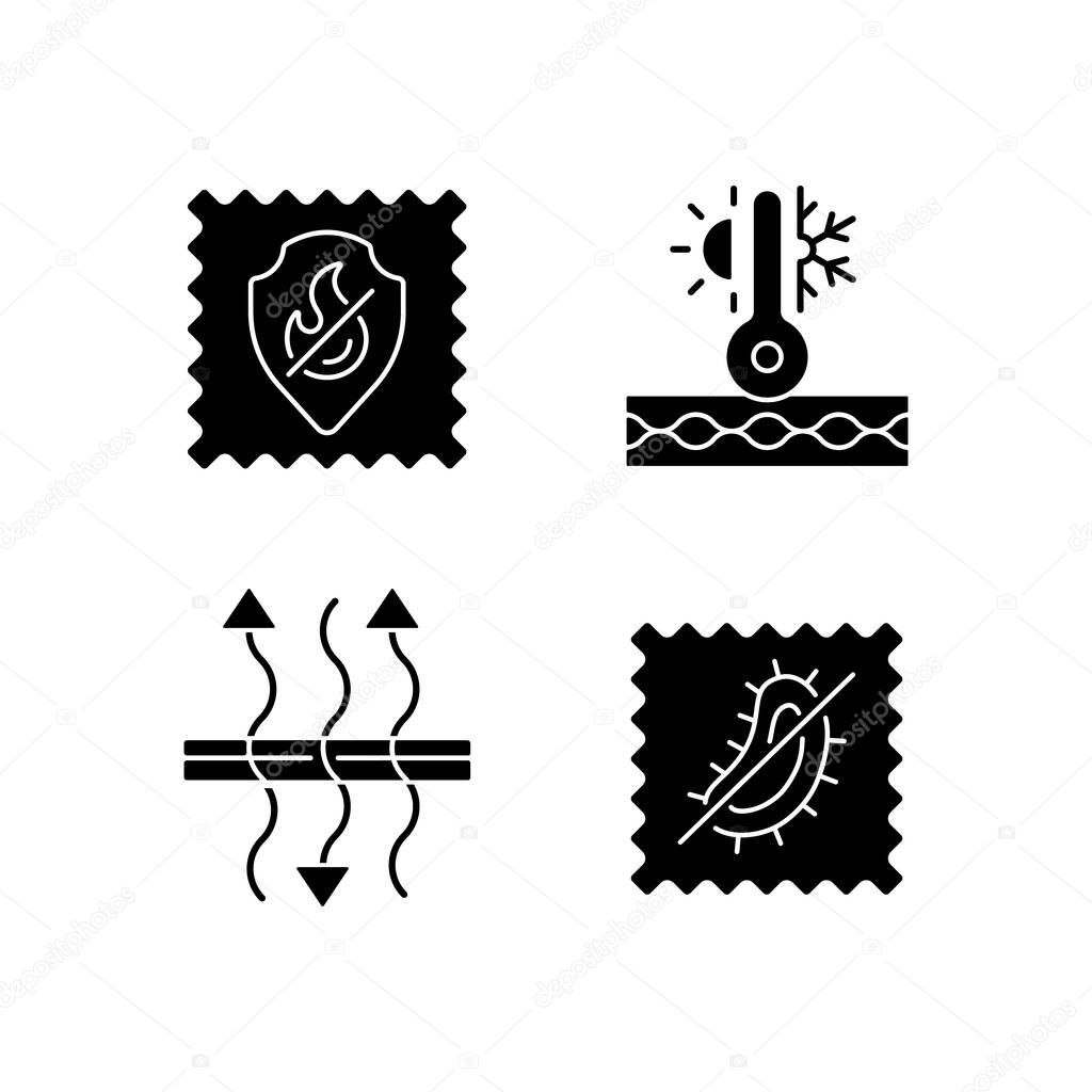 Fabric characteristics black glyph icons set on white space. Fireproof and breathable textile. Thermal insulated, antimicrobial fiber. Silhouette symbols. Vector isolated illustration