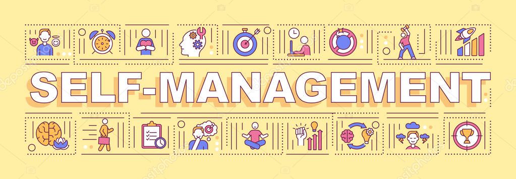 Self management word concepts banner. Goal setting, work life balance. Infographics with linear icons on orange background. Isolated typography. Vector outline RGB color illustration