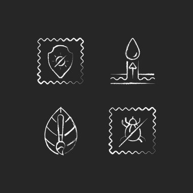 Kumaş kalitesi karakteristikleri siyah arkaplanda beyaz tebeşir simgeleri oluşturur. Ultraviyole koruma ve doğal boya. Toza dayanıklı tekstil. Nemlendirici lif. İzole edilmiş vektör karatahta çizimleri