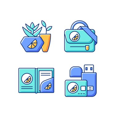 Şirket markalaşma materyalleri RGB renk simgeleri ayarlandı. Bilgi ve veri depolamak için işaretlenmiş akıllı aygıtlar. Özel dizayn edilmiş kağıt klasörü. İzole vektör çizimleri