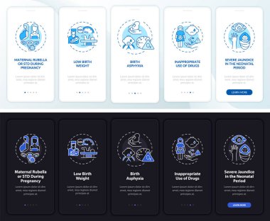 Doğuştan sağırlık kavramları olan mobil uygulama sayfası ekranında. Annelik rubella yürüyüşü. 5 adım grafik talimatlar. UI, UX, GUI vektör şablonu doğrusal gece ve gündüz kip çizimleri