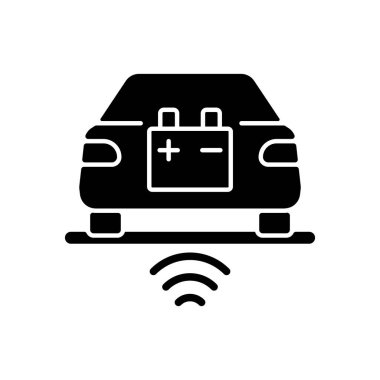 Kablosuz EV siyah glyph simgesini yüklüyor. Kablo kullanmadan elektromobil yakıt ikmali. Modern fütürist şarj istasyonları teknolojileri. Beyaz uzayda siluet sembolü. Vektör izole illüstrasyonu