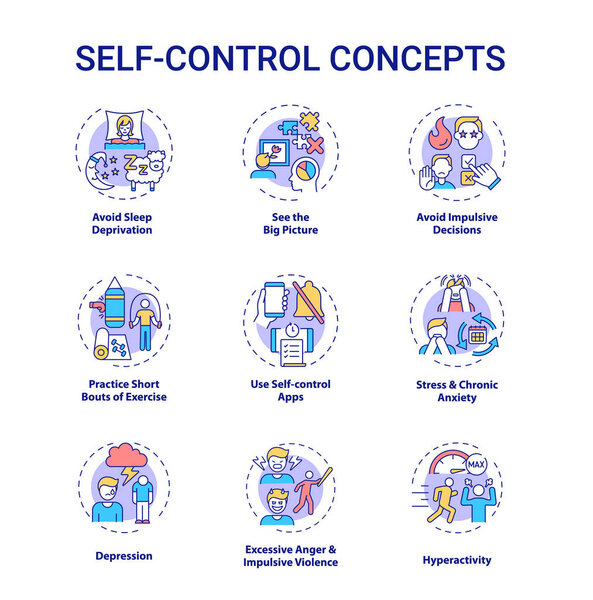 Self control concept icons set. See big picture. Avoid impulsive decision. Personal regulation idea thin line RGB color illustrations. Vector isolated outline drawings. Editable stroke