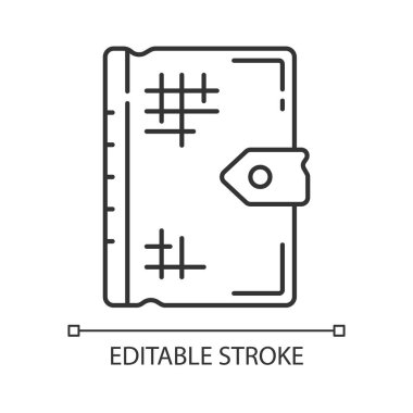 Antik kitap doğrusal simgesi. Eski dini metinler. Düşünceleri, teorileri, gözlemleri depoluyor. İnce çizgi özelleştirilebilir illüstrasyon. Contour sembolü. Vektör izole çizim. Düzenlenebilir vuruş
