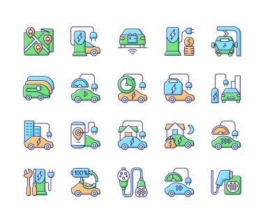 Elektrikli araç RGB renk simgelerini yüklüyor. Elctromobile için taşınabilir şarj istasyonu. Ekolojik bir seyahat şekli. Eko elektro arabalar. İzole vektör çizimleri