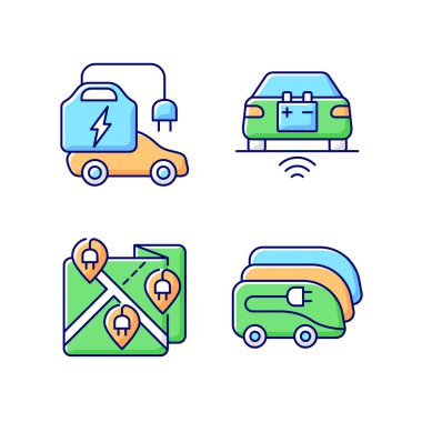 Elektrikli araç RGB renk simgelerini yüklüyor. Elektroelektrik yükleme zamanı. Elektrik için harcanan para akıllı şarj istasyonlarına harcanır. İzole vektör çizimleri