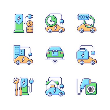 Elektrikli araç RGB renk simgelerini yüklüyor. Elektromobil bataryalarını doldurabileceğin yerler. Elektrik için para ödüyorum. İzole vektör çizimleri