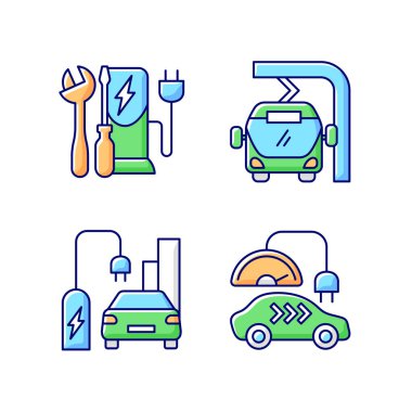 Elektrikli araç RGB renk simgelerini yüklüyor. Elektromobil şarj istasyonlarının farklı türleri. Bataryayı doldurmak için harcanan zaman. İzole vektör çizimleri