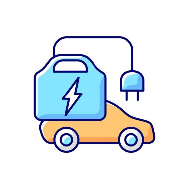 Taşınabilir EV şarj RGB renk simgesi. Nakledilebilecek elektromobil için şarj istasyonu. Gezegenin herhangi bir yerinde yakıt ikmali yapıyorlar. İzole vektör illüstrasyonu