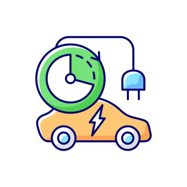 RGB renk simgesi şarj ediliyor. Elektromobil bataryalarını doldurmak için harcanan zaman. Elektrik istasyonunun şarj hızı. Doğal yakıt. İzole vektör illüstrasyonu