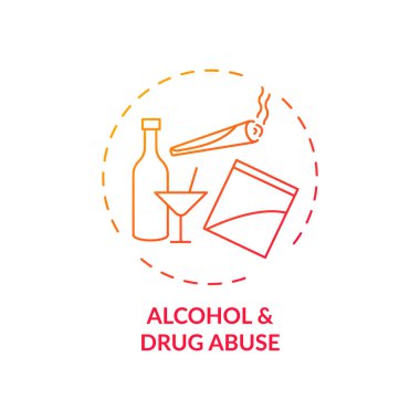 Alkol ve uyuşturucu kullanımı kırmızı gradyan konsept ikonu. Sağlıksız madde bağımlılığı. Sigara içme alışkanlığı. Kendini kontrol sorunu fikri ince çizgi çizimi. Vektör izole edilmiş RGB renk çizimi
