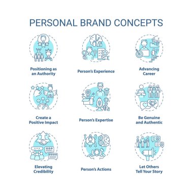 Personal brand blue concept icons set. Advancing career. Positive impact. Skills improvement. Self promotion idea thin line RGB color illustrations. Vector isolated outline drawings. Editable stroke clipart