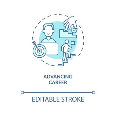 İlerleyen kariyer mavisi konsept ikonu. İş geliştirme. Kişisel gelişim. Profesyonel promosyon fikri ince çizgi çizimi. Vektör izole edilmiş RGB renk çizimi. Düzenlenebilir vuruş