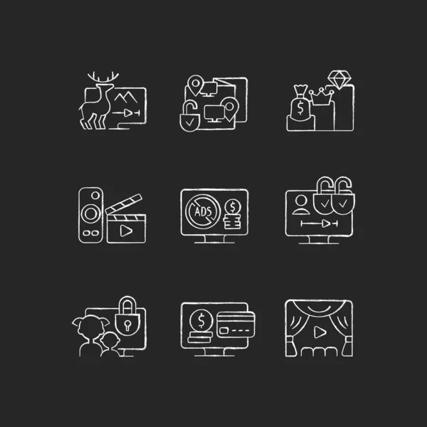 Broadcasting Services Chalk White Icons Set Black Background Documentaries Streaming — Stock Vector