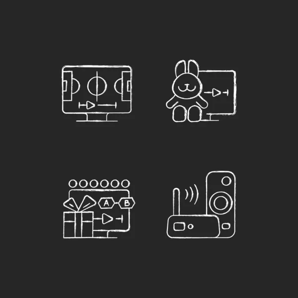 Uitzending Diensten Krijt Witte Pictogrammen Ingesteld Zwarte Achtergrond Cartoons Sport — Stockvector