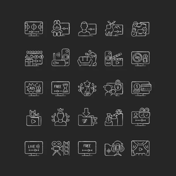 Streaming Services Chalk White Icons Set Black Background Subscription Plan — Stock Vector