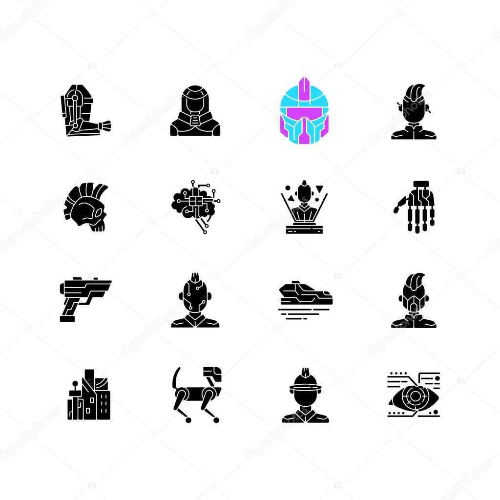 Cyberpunk black glyph icons set on white space. Science fiction. Futuristic technology. Body augmentation. Cyber punk city, person. Silhouette symbols. Vector isolated illustration