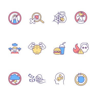 Kendini kontrol ve düzenleme RGB renk simgeleri ayarlandı. Kişisel yönetim becerileri. Zihinsel güç. Yaşam gelişimi ve verimliliği. Sağlık hizmetleri. Sağlıksız bir yaşam tarzı. İzole vektör çizimleri