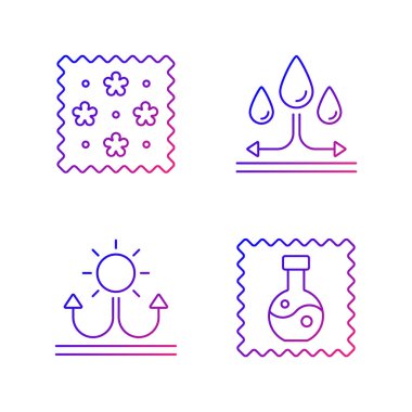 Kumaş gradyan doğrusal vektör simgelerine sahiptir. Tekstil üzerine baskı. Su geçirmez. Yansıtıcı parçalı kumaş. İnce çizgili sembol demetleri. İzole vektör ana hatları illüstrasyon koleksiyonu