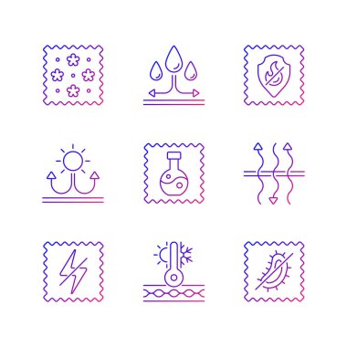 Kumaş gradyan doğrusal vektör simgelerinin farklı türleri belirlendi. Tekstil baskısı. Sentetik, antimikrobik lif. İnce çizgili sembol demetleri. İzole vektör ana hatları illüstrasyon koleksiyonu