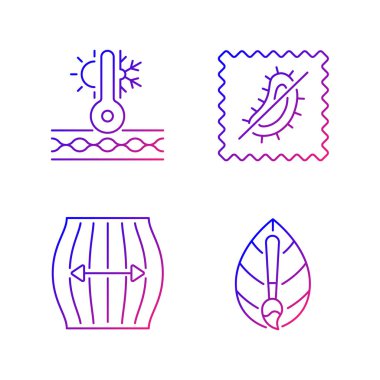 Farklı kumaş gradyan doğrusal vektör simgeleri belirlendi. Esneme lifleri. Termal yalıtımlı, antimikrobik fiber. İnce çizgili sembol demetleri. İzole vektör ana hatları illüstrasyon koleksiyonu