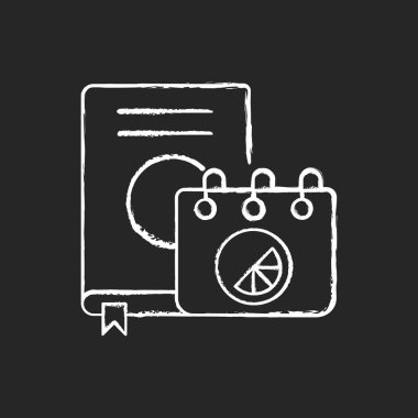 Siyah arka planda damgalı günlük ve defter beyaz tebeşir simgesi. Tüm notları saklamak için şık bir yer. Tasarımcı günlük kullanım için modaya uygun ürünler üretir. İzole edilmiş vektör karatahta çizimi