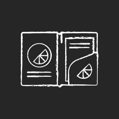 Siyah arkaplanda işaretlenmiş beyaz tebeşir simgesi. Kâğıtlarla parayı bir arada tutan şık bir klasör. Eşsiz tasarlanmış aksesuarlar. İzole edilmiş vektör karatahta çizimi