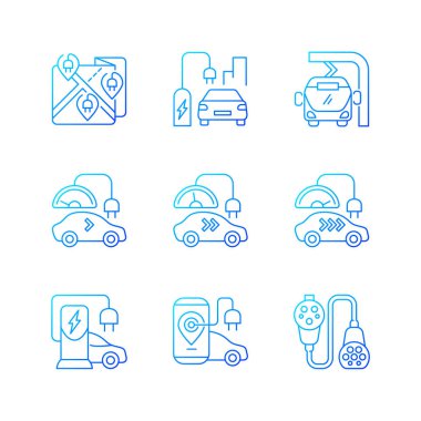 Elektrik aracı gradyan doğrusal vektör simgelerini yüklüyor. Turistler için ekolojik bir seyahat. İskeleler şarj ediliyor. İnce çizgili sembol demetleri. İzole vektör ana hatları illüstrasyon koleksiyonu