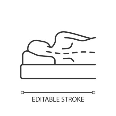 Incorrect sleeping position linear icon. Unnatural, unnecessary curves in spine. Stress on spine. Thin line customizable illustration. Contour symbol. Vector isolated outline drawing. Editable stroke vector Incorrect sleeping position linear icon. Unnatural, unnecessary curves in spine. Stress on spine. Thin line customizable illustration. Contour symbol. Vector isolated outline drawing. Editable stroke vector