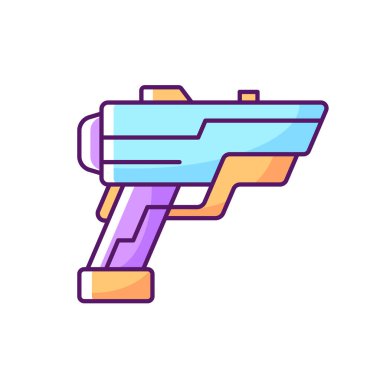 Lazer silahı RGB renk simgesi. Işın silahı. Işın tabancası. Distopya savaşı için Hnadgun. Bilim kurgu aksiyon türü. Cyberpunk filmi, bilim kurgu oyunu. Fütürist teknoloji. İzole vektör illüstrasyonu