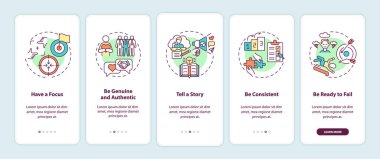 Kişisel markalaşma kuralları mobil uygulama sayfası ekranında kavramlarla birlikte. Benzersiz marka oluşturma araştırması. 5 adım grafik talimatlar. UI, UX, doğrusal renk çizimleri olan GUI vektör şablonu