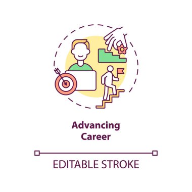 İlerleyen kariyer konsepti ikonu. İş geliştirme. Kişisel gelişim. Profesyonel promosyon fikri ince çizgi çizimi. Vektör izole edilmiş RGB renk çizimi. Düzenlenebilir vuruş