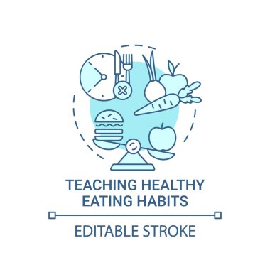Sağlıklı beslenme alışkanlıkları konsepti öğretiyorum. Günlük gıdaları geliştiriyorum. Vitamin ve besin alma fikri ince çizgi çizimi. Vektör izole edilmiş RGB renk çizimi. Düzenlenebilir vuruş